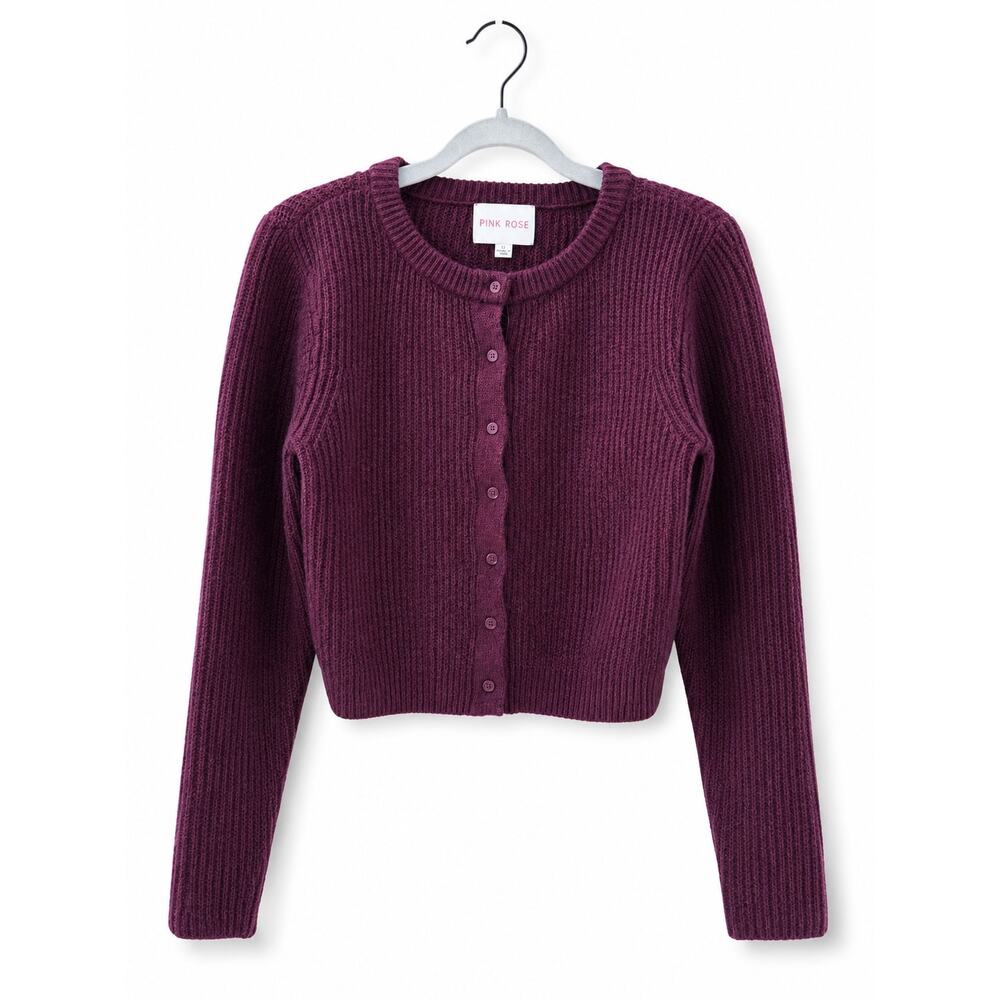 Pink Rose Womens Cropped Cardigan Sweater Size Small Purple Button Front Knit - Picture 1 of 8